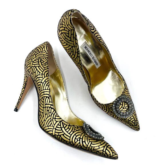Manolo Blahnik Descortes Crystal Pumps Gold Black Pointed Heels Sz 37 / 7 - Picture 1 of 11